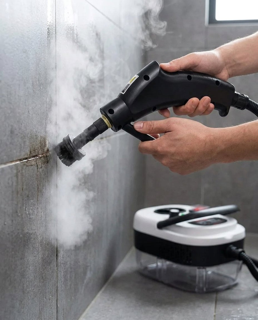 Cepillo de vapor limpiando las juntas de los azulejos del baño