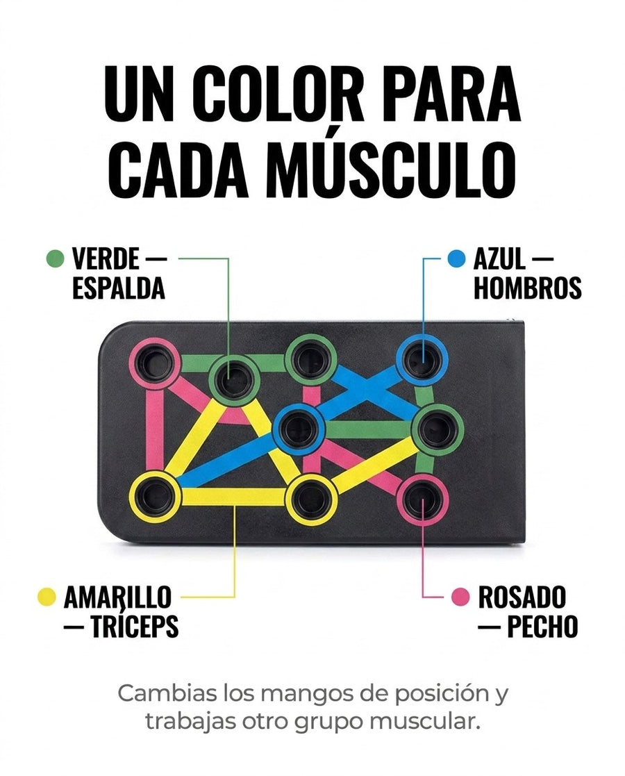 Mapa de colores de la tabla: verde espalda, azul hombros, amarillo tríceps, rosado pecho