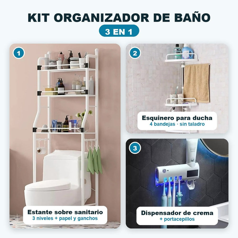 Kit organizador de baño 3 en 1: estante sobre sanitario, esquinero para ducha y dispensador de crema dental