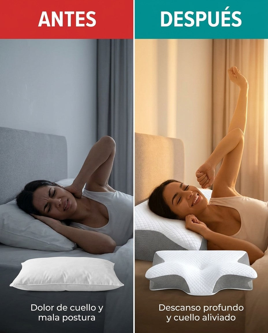 Antes: dolor de cuello y mala postura. Después: descanso profundo y cuello aliviado