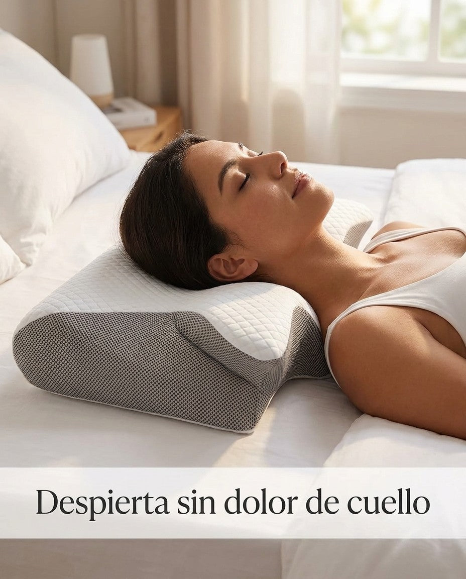 Mujer durmiendo boca arriba sobre la almohada cervical ergonómica, sin dolor de cuello