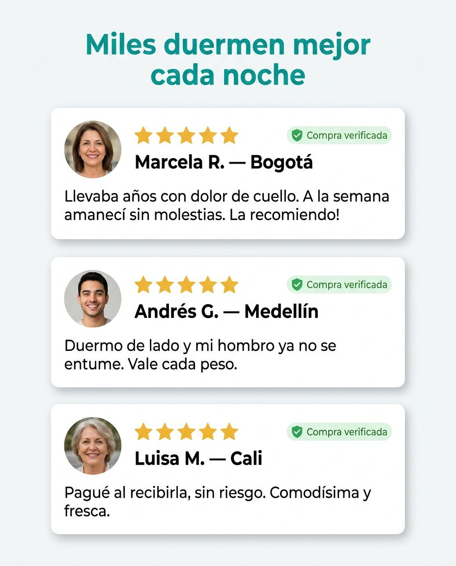 Testimonios de clientes de Bogotá, Medellín y Cali sobre la almohada cervical ergonómica