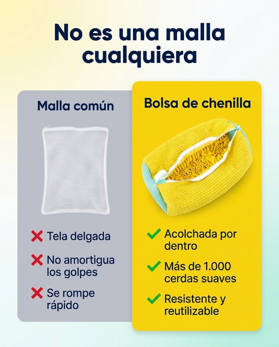Comparación entre una malla de lavado común y la bolsa de chenilla acolchada