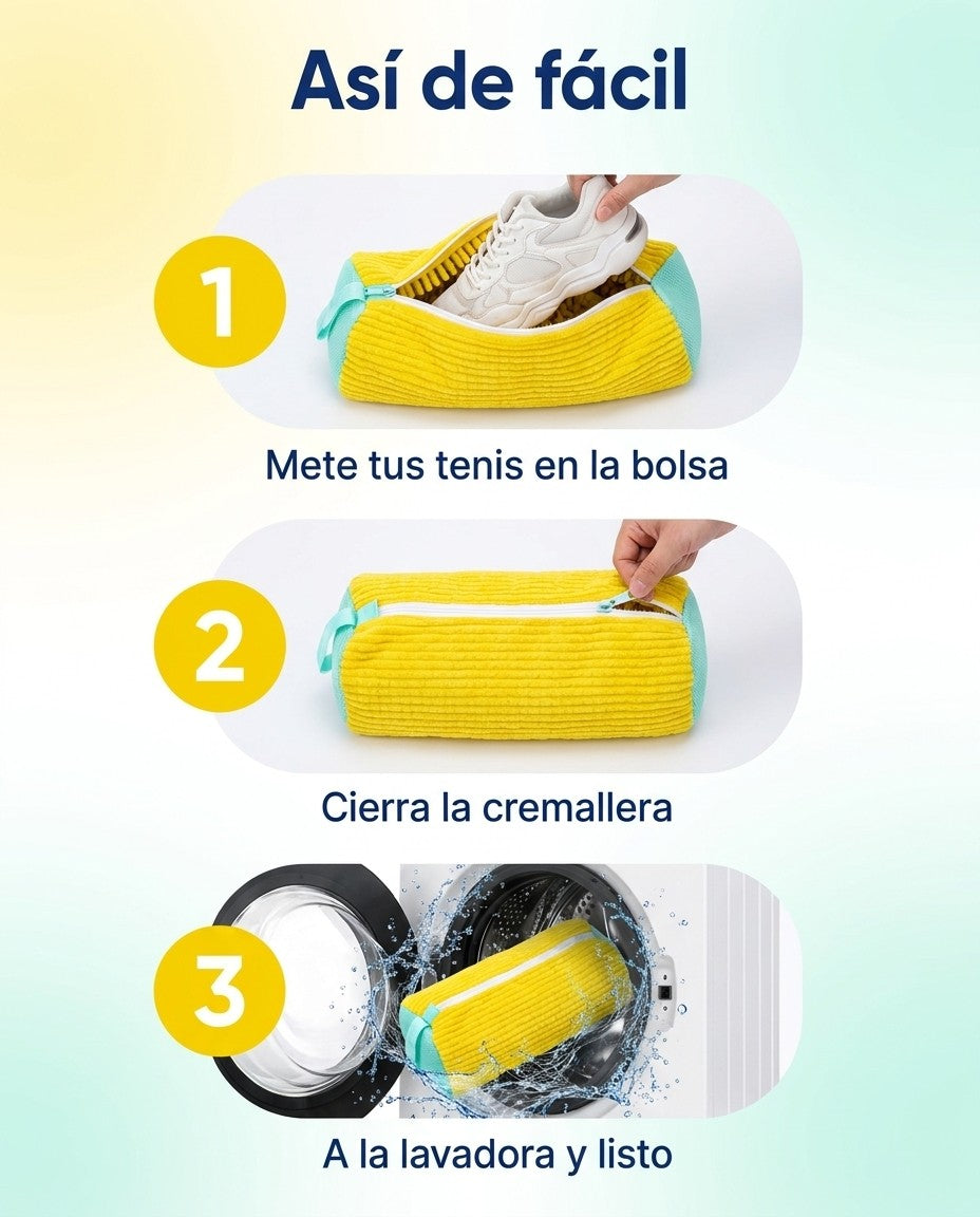 Tres pasos: mete tus tenis en la bolsa, cierra la cremallera y a la lavadora