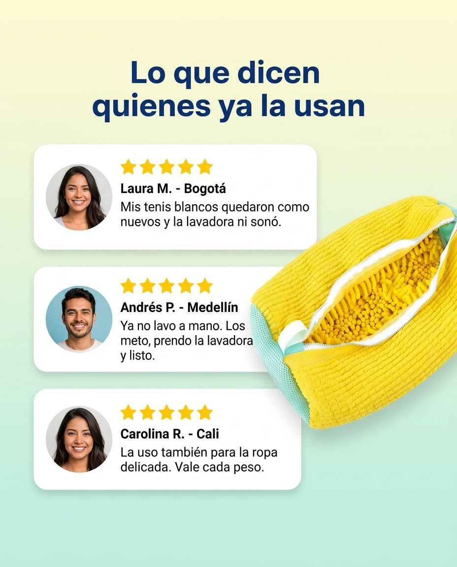 Testimonios de clientes de Bogotá, Medellín y Cali sobre la bolsa para lavar zapatos