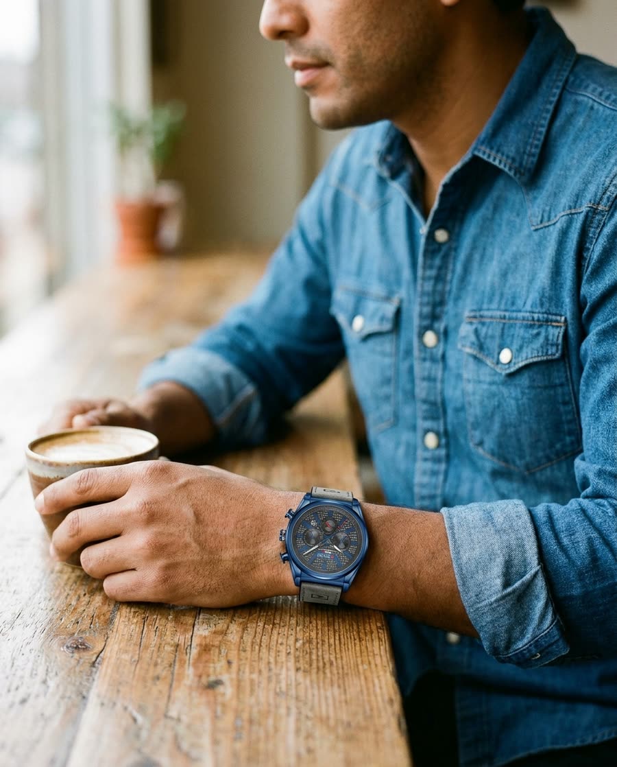 Hombre con camisa de mezclilla en una cafetería, con el Curren 8392 Azul Gris en la muñeca