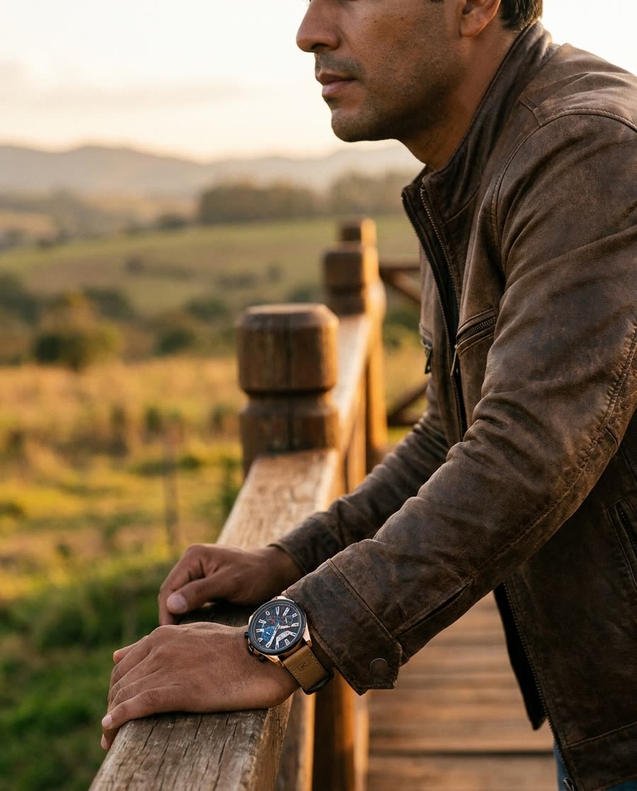Hombre con chaqueta de cuero apoyado en una baranda al atardecer, con el Curren 8392 Café Cobre