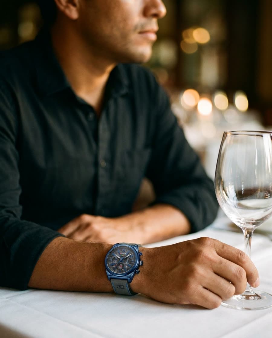 Hombre de camisa oscura en una cena elegante, con el Curren 8392 Azul Gris en la muñeca