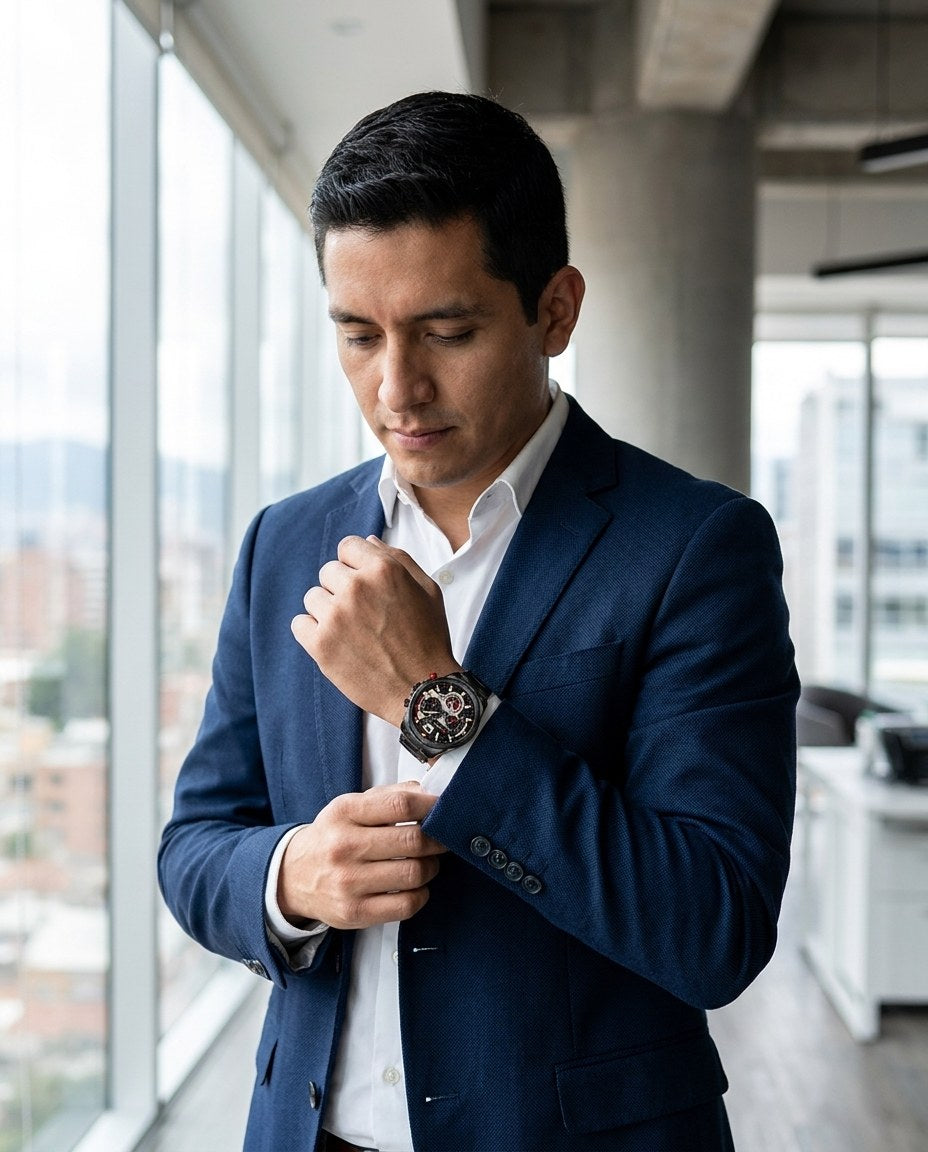 Hombre de saco azul ajustándose el puño de la camisa luciendo el Curren 8395 negro en la oficina