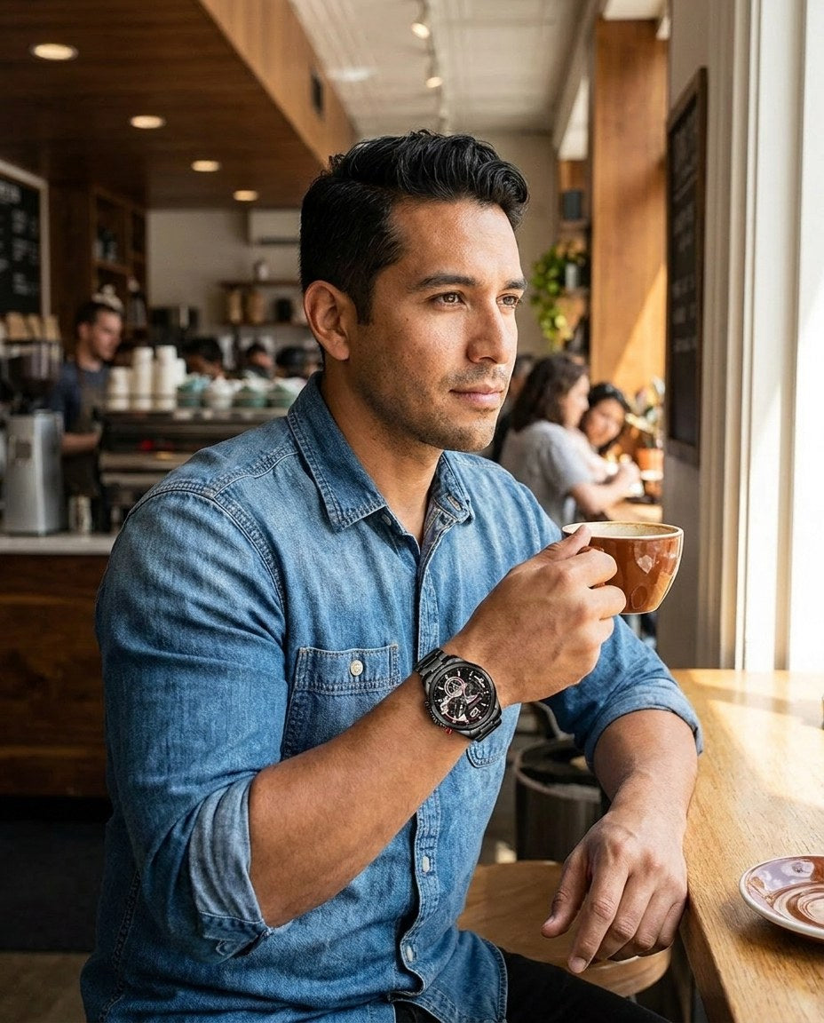 Hombre con camisa de jean en una cafetería, con el Curren 8395 negro en la muñeca