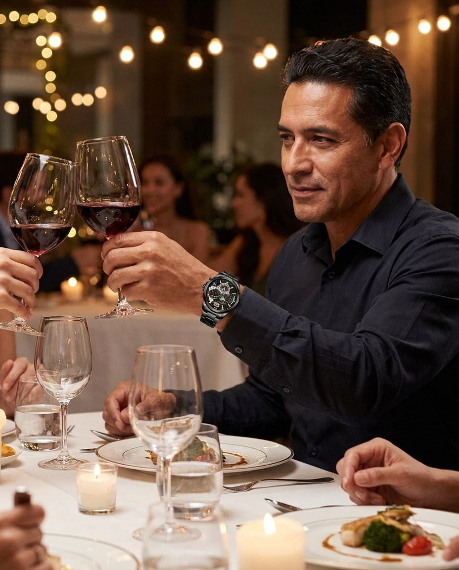 Hombre de camisa oscura en una cena elegante, con el Curren 8395 negro en la muñeca