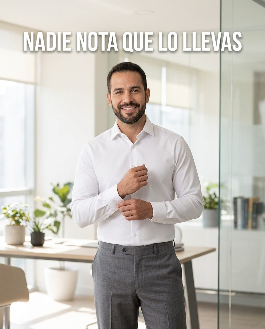Hombre con camisa blanca en la oficina, el chaleco no se nota bajo la ropa