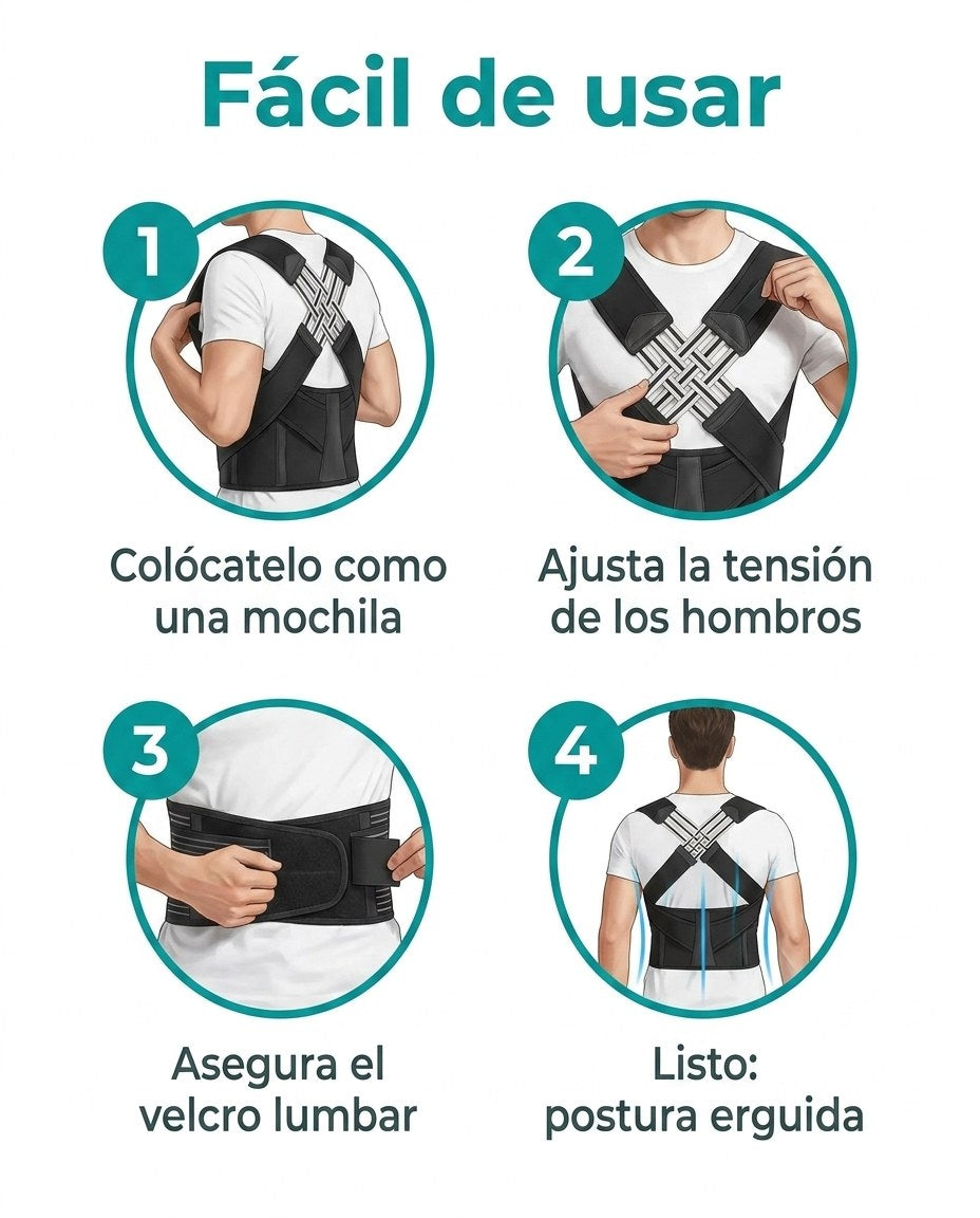 Cómo usar el corrector de postura en 4 pasos: colócatelo, ajusta los hombros, asegura el velcro lumbar, listo
