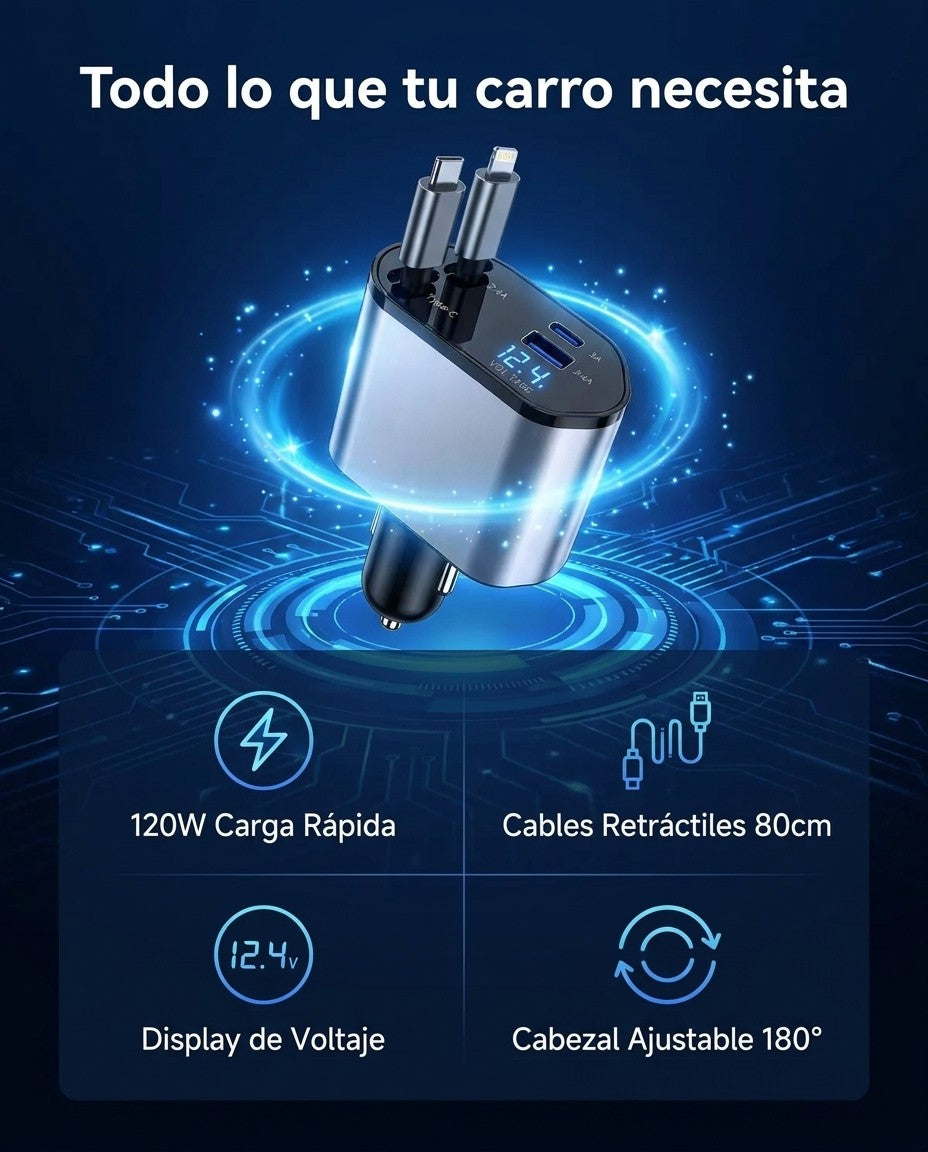Beneficios del cargador 4 en 1: 120W carga rápida, cables retráctiles 80cm, display de voltaje, cabezal ajustable 180 grados