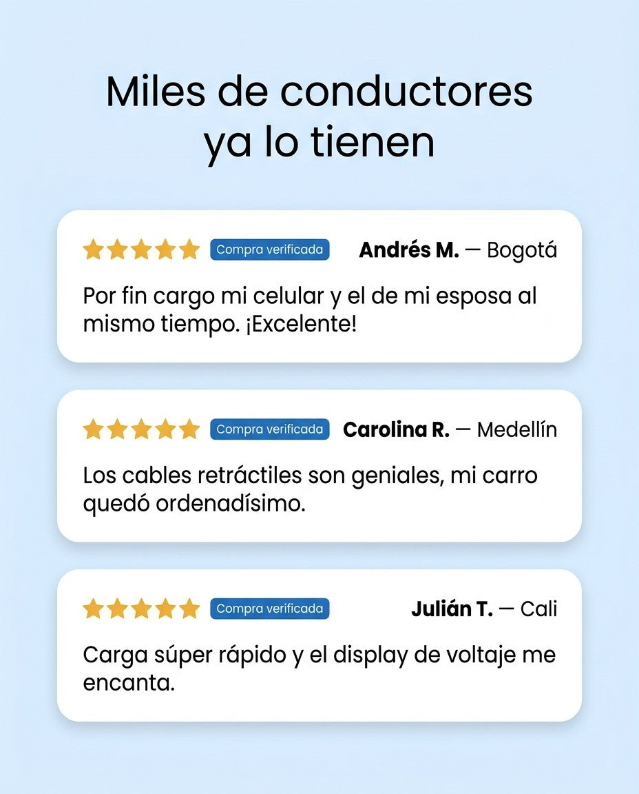 Testimonios de clientes de Bogotá, Medellín y Cali sobre el cargador 4 en 1 para carro