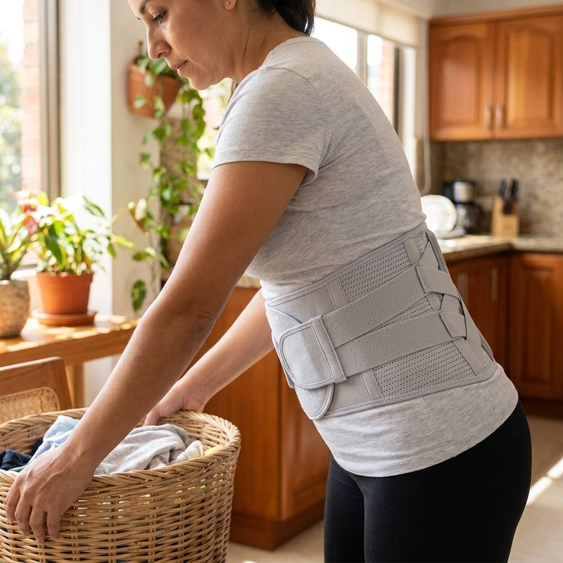Mujer haciendo oficio en casa con la faja lumbar