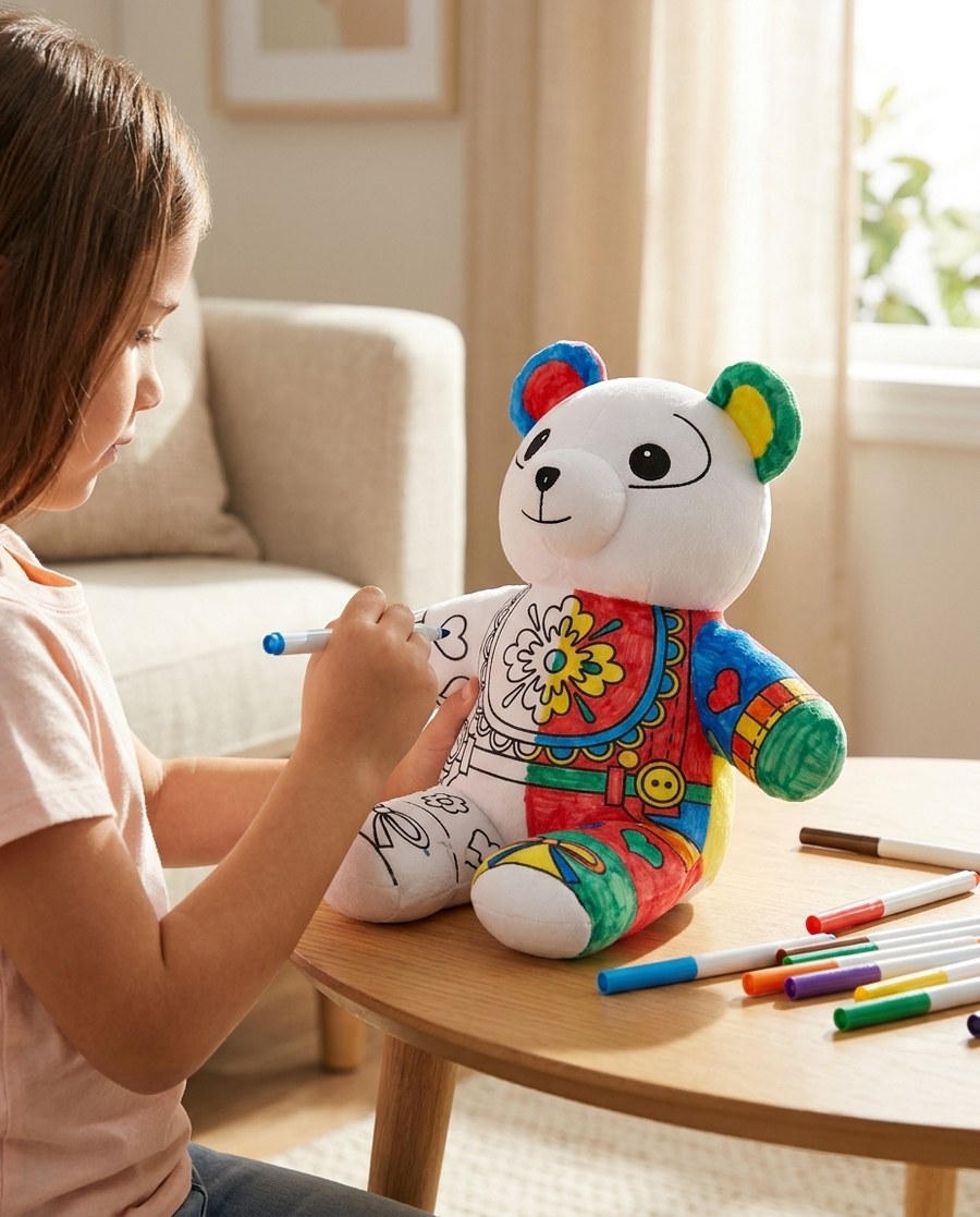 Niña coloreando con marcadores un peluche de oso para colorear sobre la mesa