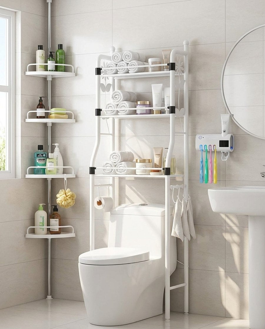 Baño ordenado con estante sobre el sanitario, esquinero de ducha de 4 bandejas y dispensador de crema dental en la pared