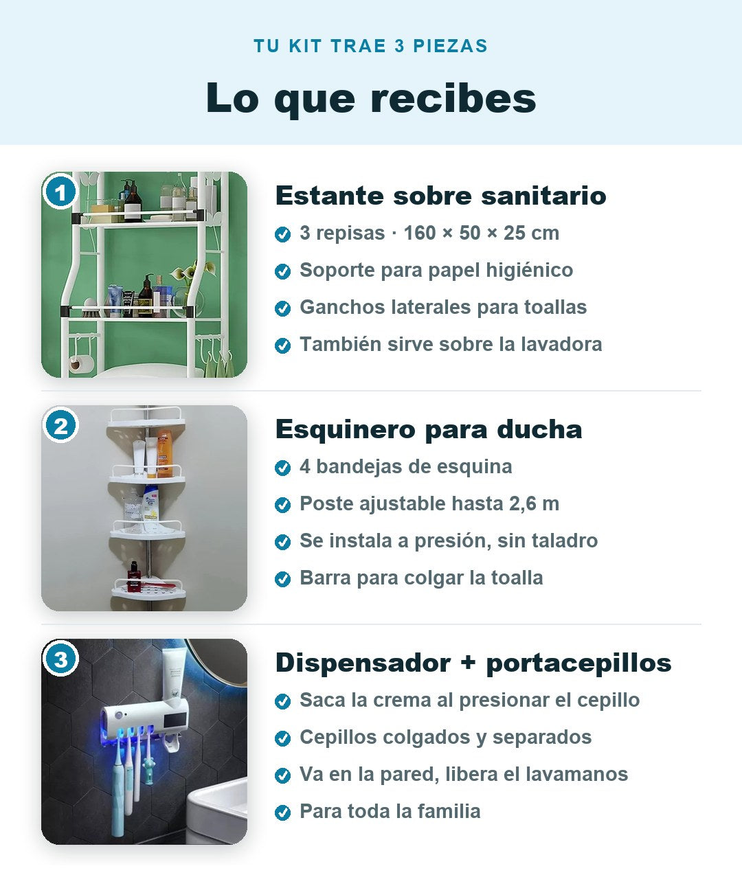 Lo que recibes: estante sobre sanitario de 3 repisas, esquinero de ducha de 4 bandejas y dispensador de crema dental con portacepillos