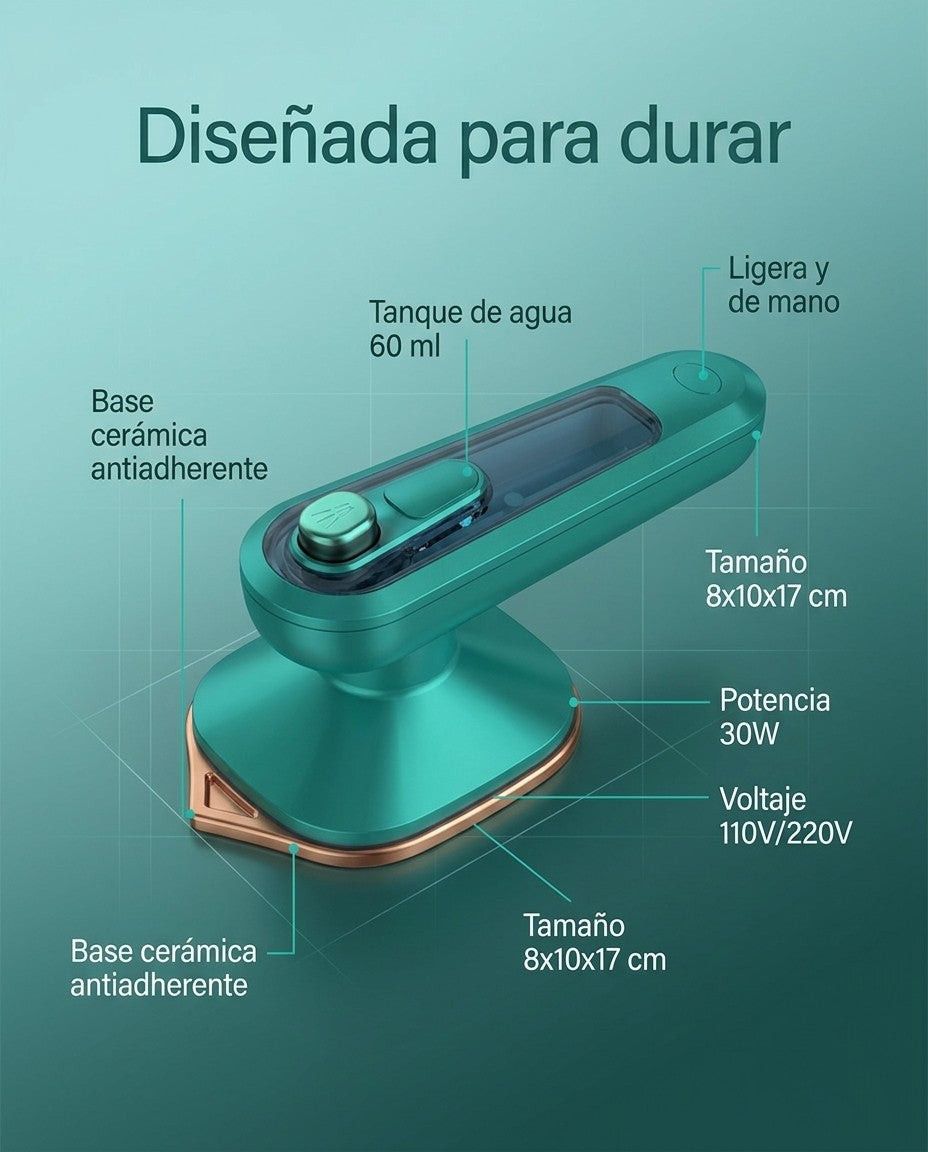Especificaciones de la mini plancha de vapor: base cerámica antiadherente, tanque de 60 ml, 30W, 110-220V, tamaño 8x10x17 cm
