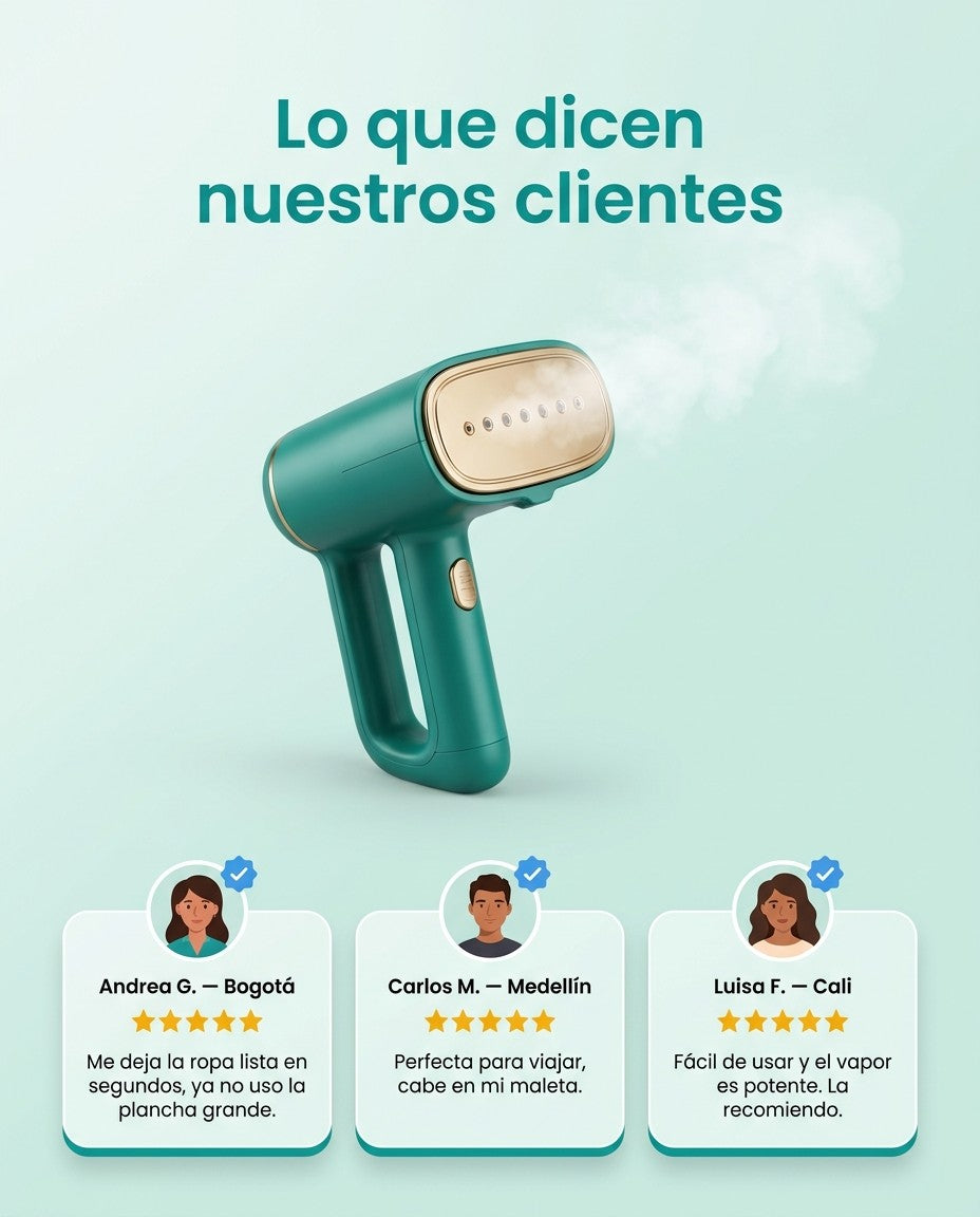 Testimonios de clientes de Bogotá, Medellín y Cali sobre la mini plancha de vapor portátil