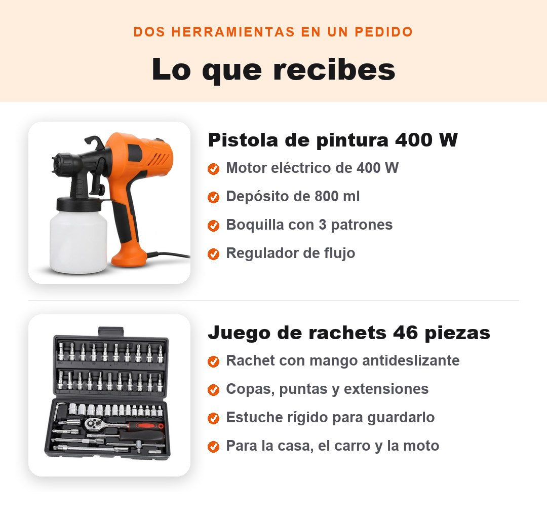 Lo que recibes: pistola de pintura de 400W y juego de rachets de 46 piezas