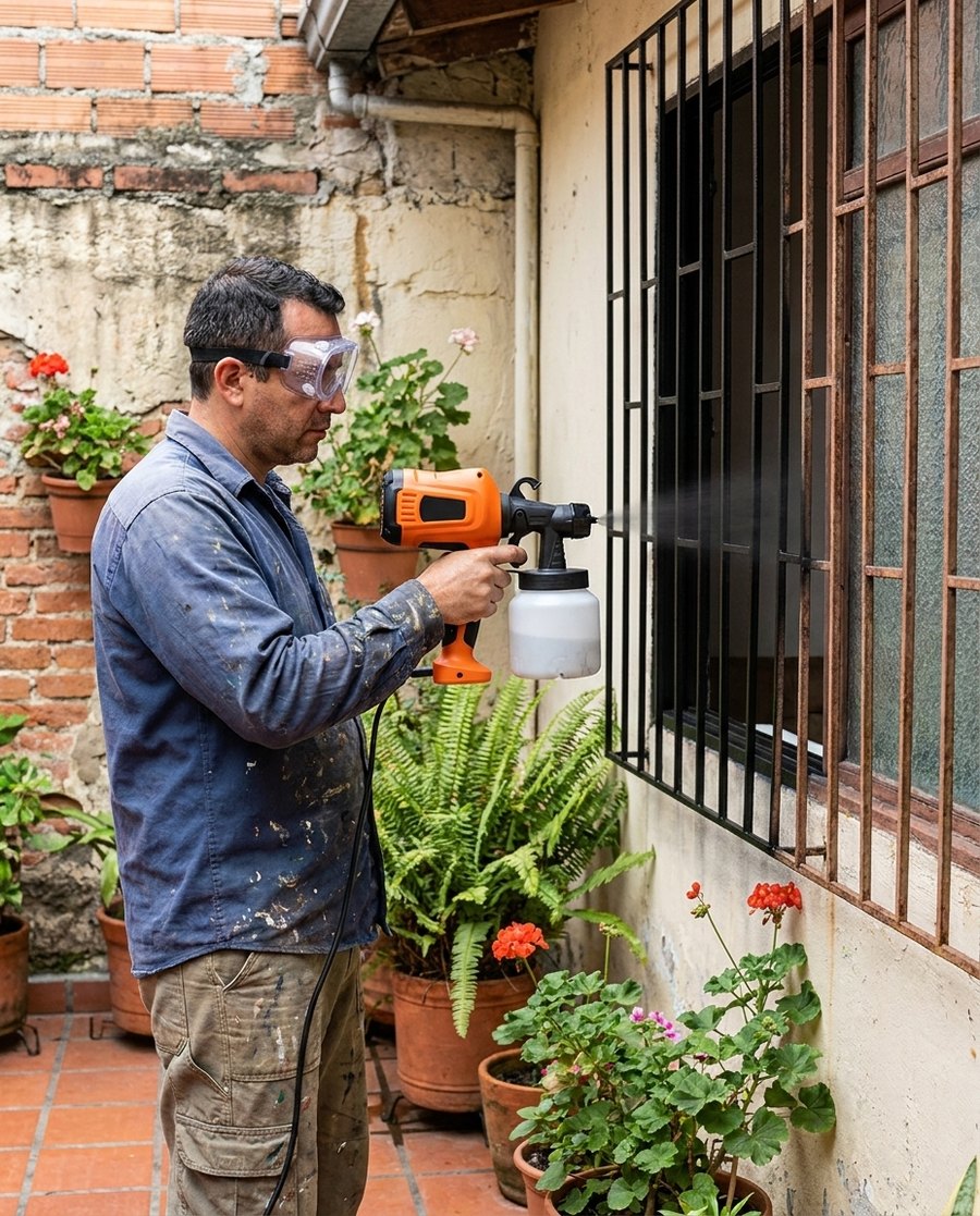 Hombre pintando una reja metálica con la pistola de pintura eléctrica naranja