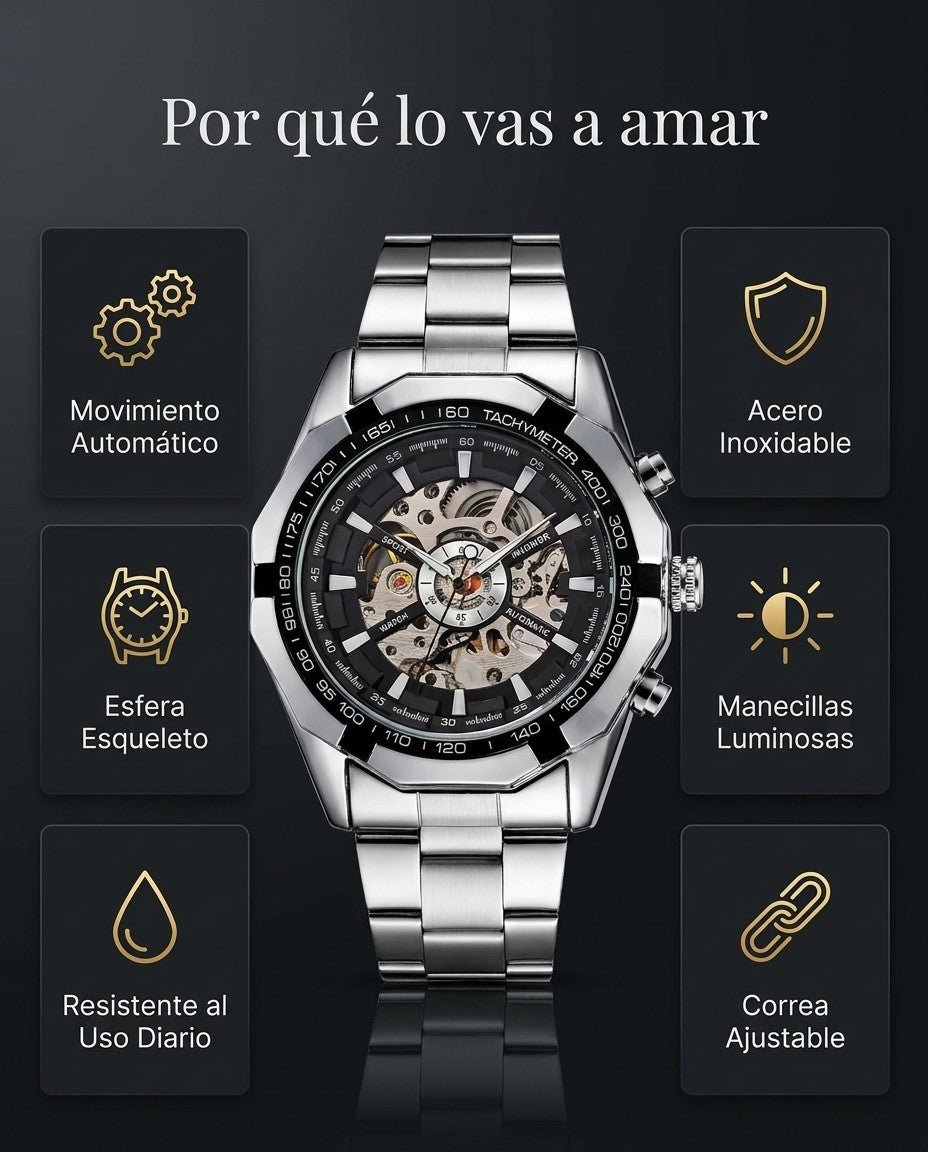 Beneficios del reloj Winner: movimiento automático, acero inoxidable, esfera esqueleto, manecillas luminosas, resistente y correa ajustable