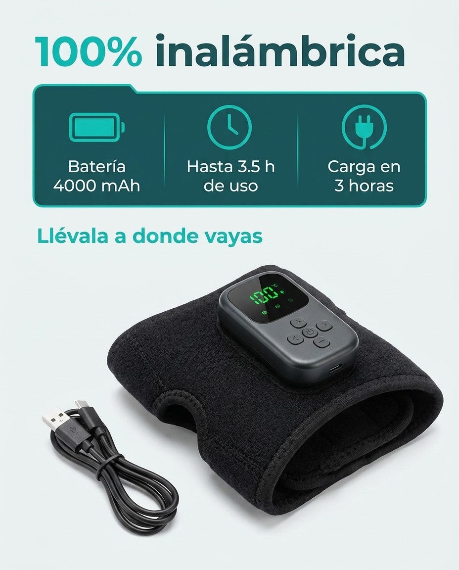 Rodillera térmica 100% inalámbrica: batería 4000 mAh, hasta 3.5 h de uso, carga en 3 horas por USB-C