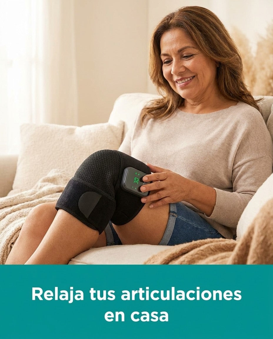 Mujer relajada en casa usando la rodillera térmica inalámbrica en su rodilla