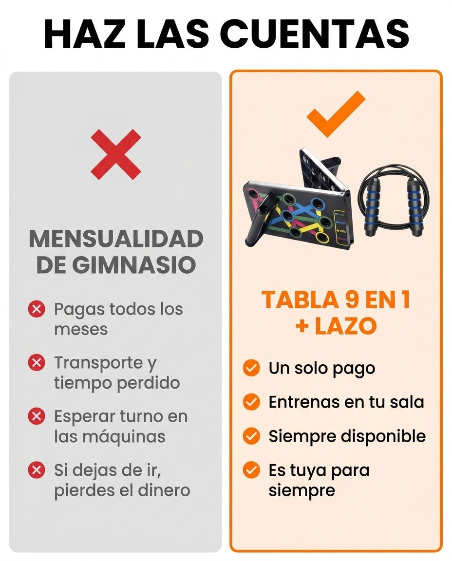 Comparación: mensualidad de gimnasio frente a la tabla 9 en 1 con lazo, un solo pago