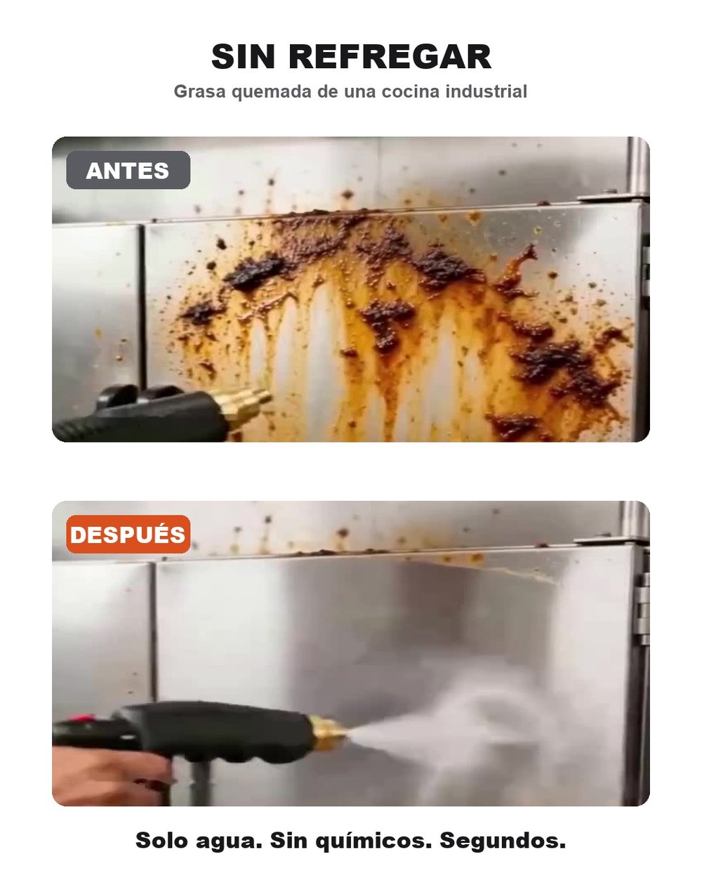 Antes y después: pared de acero con grasa quemada y la misma pared limpia tras pasar el vapor