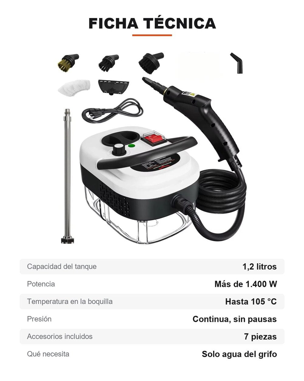 Ficha técnica de la limpiadora a vapor VAPORA con todos sus accesorios