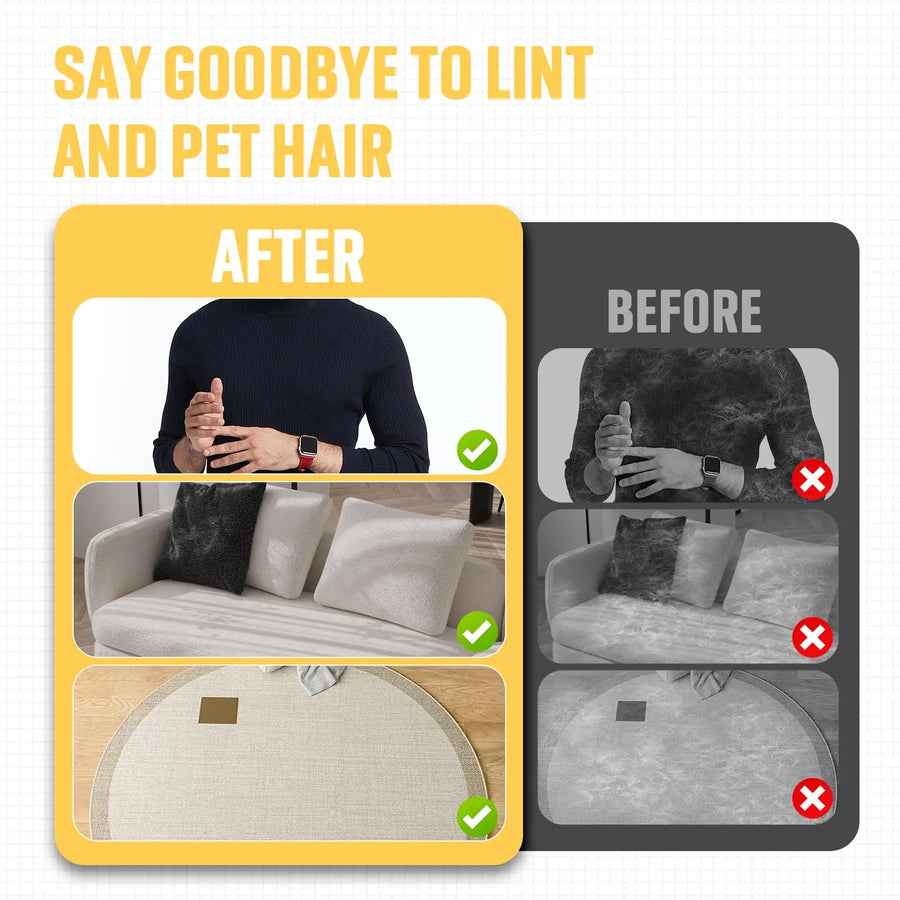 Antes y despues: sofa, ropa y alfombra sin pelo de mascota con el guante