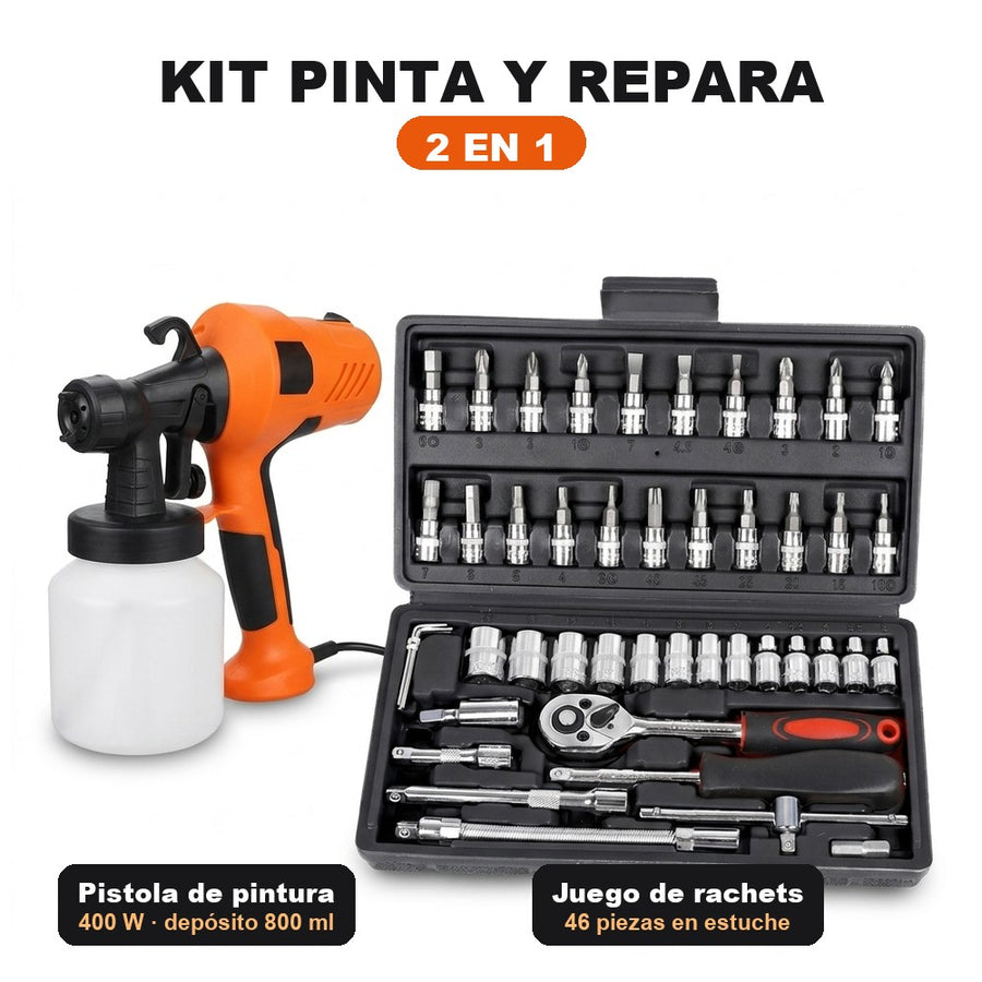 Kit pinta y repara 2 en 1: pistola de pintura eléctrica 400W y juego de rachets de 46 piezas