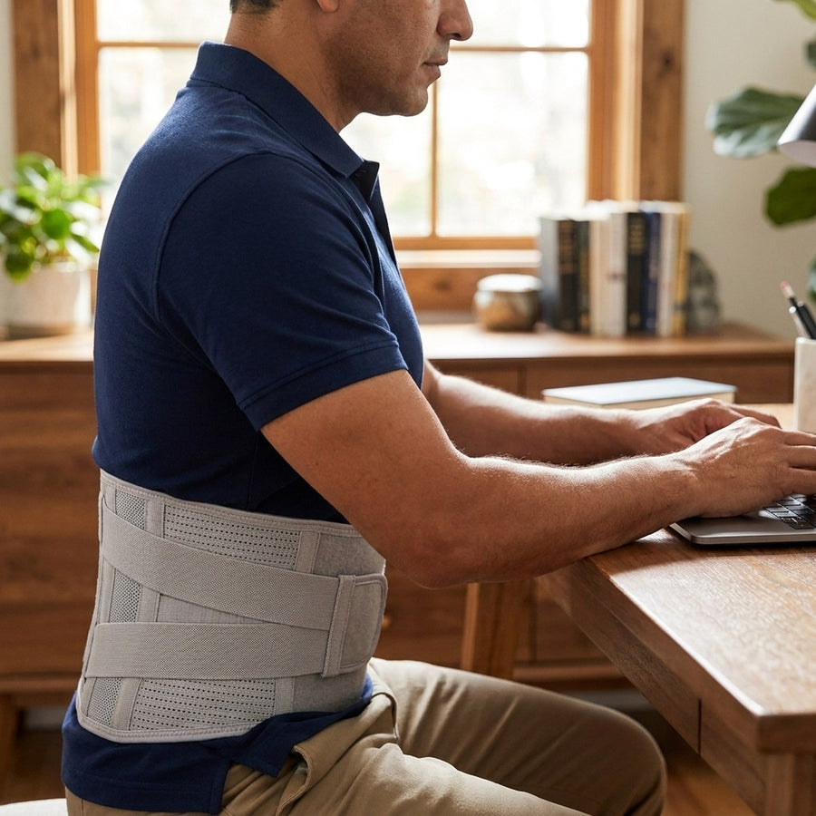 Hombre trabajando sentado en su escritorio con la faja lumbar LUMBRA