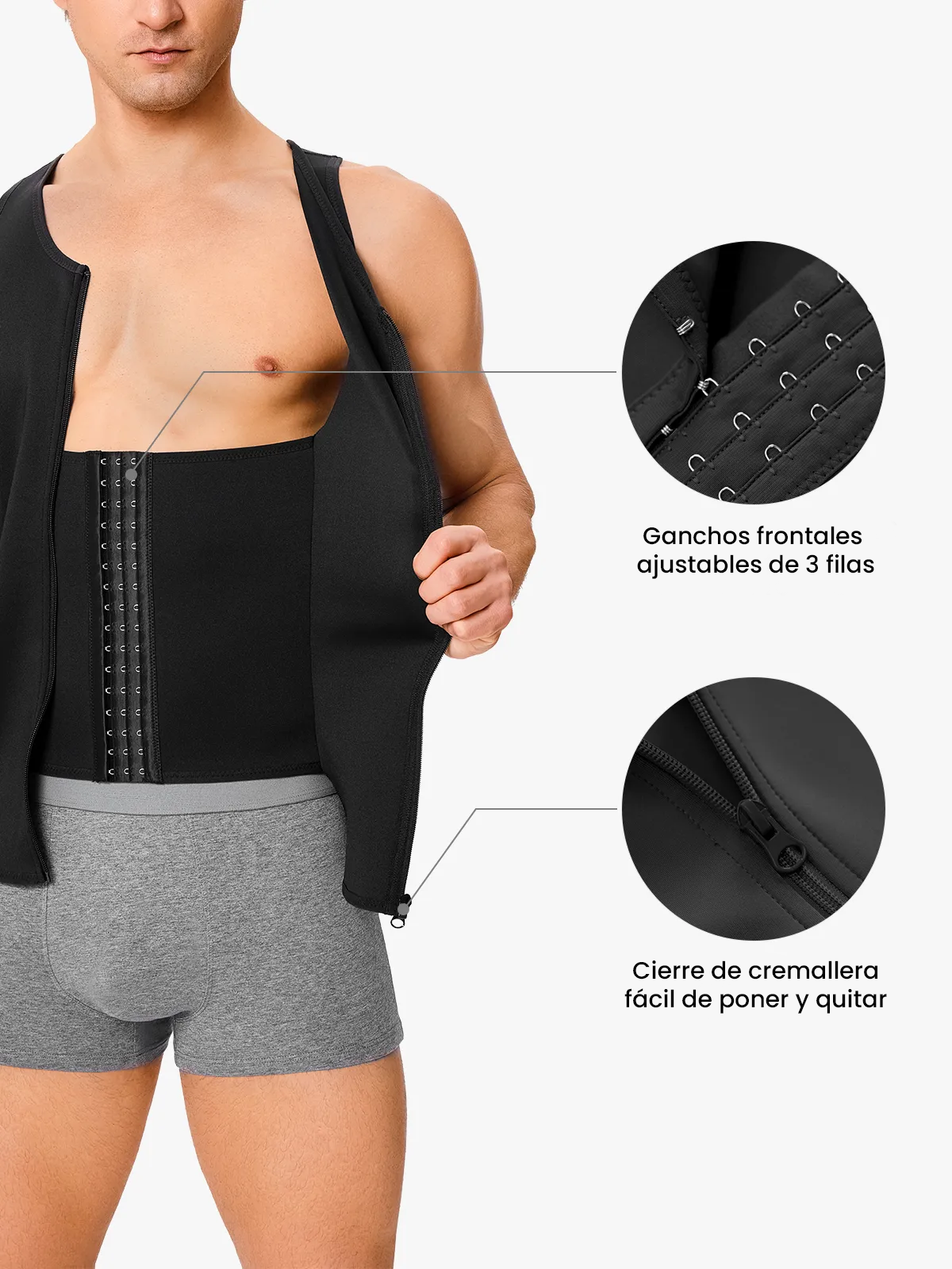Chaleco de compresión para hombre negro con cremallera frontal y ganchos ajustables de 3 filas