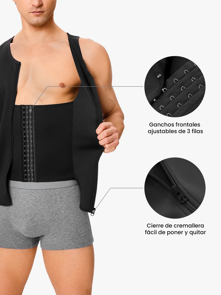 Chaleco de compresión para hombre negro con cremallera frontal y ganchos ajustables de 3 filas