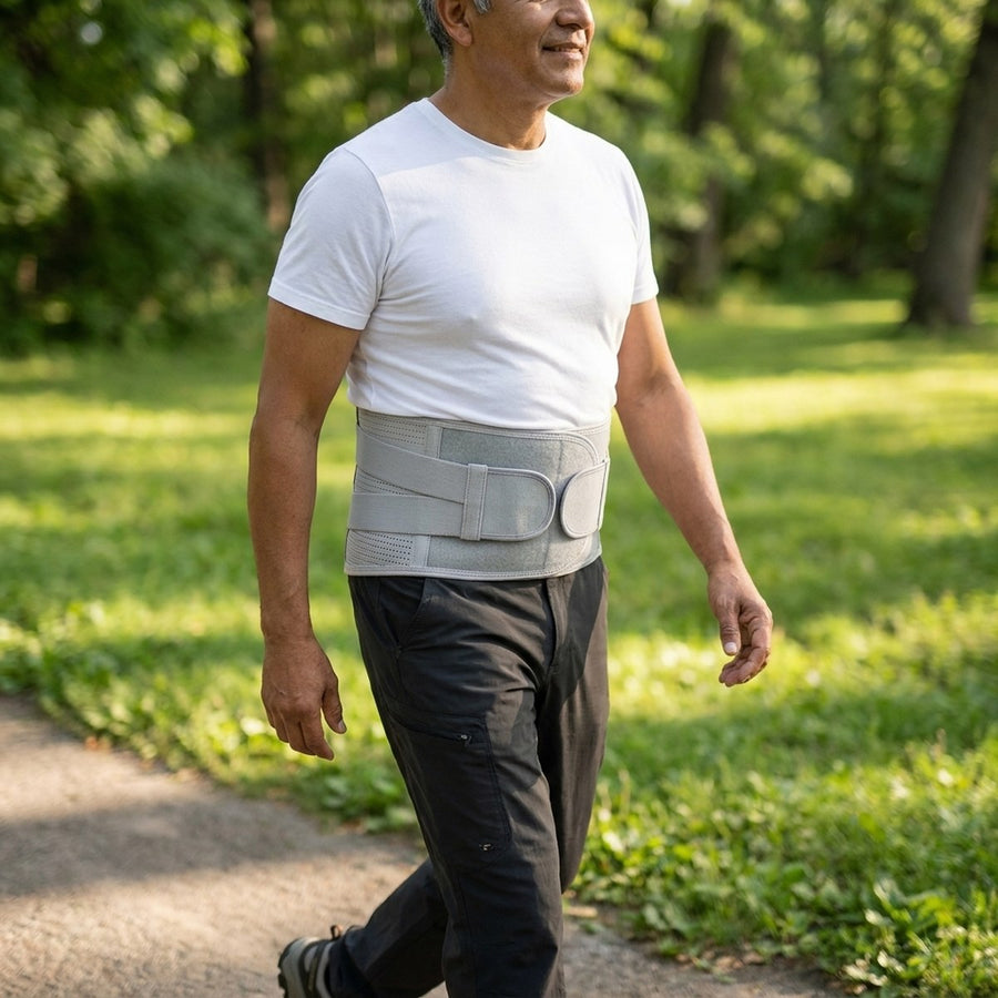 Hombre caminando en el parque con la faja lumbar LUMBRA