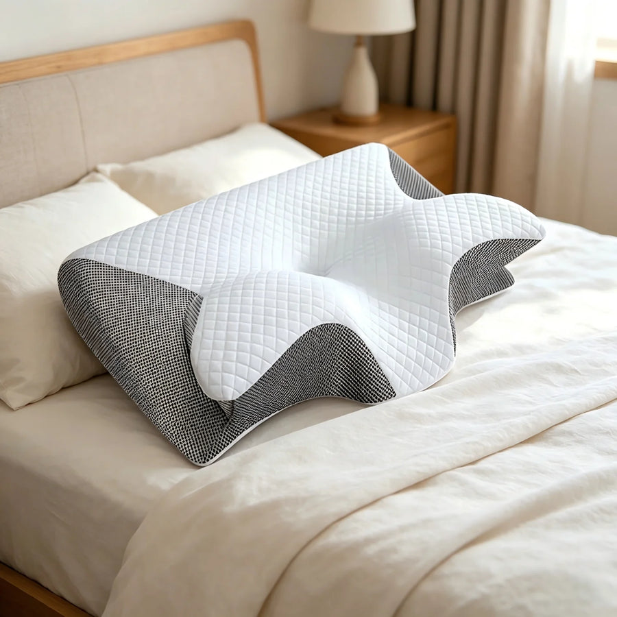 Almohada ortopédica cervical de espuma viscoelástica sobre cama