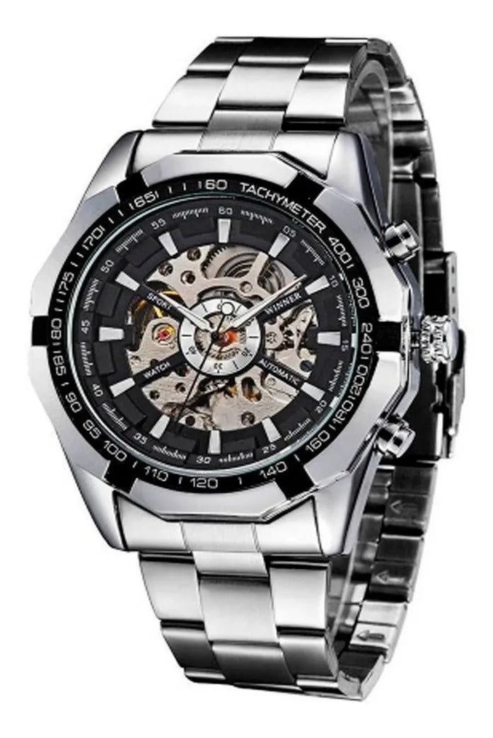 Reloj Winner automático skeleton en acero plateado - vista frontal