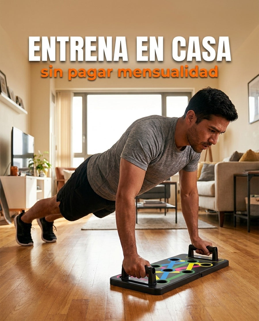 Hombre entrenando en casa con la tabla de flexiones FlexCore