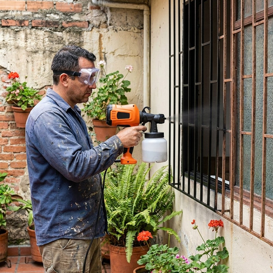 Hombre pintando una reja metálica con la pistola de pintura