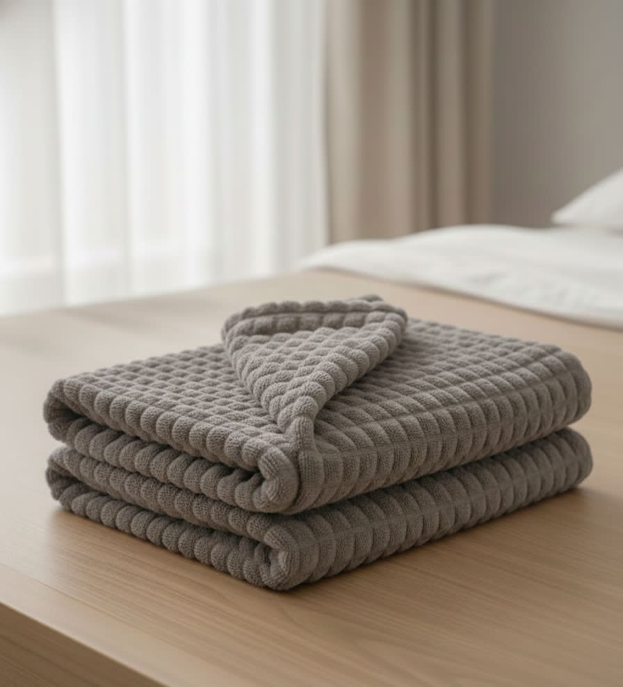 Cobija decorativa color gris sobre mesa