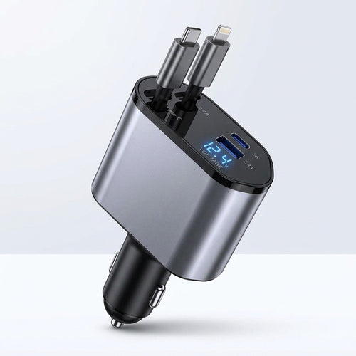 Cargador de carro 4 en 1 retráctil 120W con cables USB-C y Lightning y display de voltaje