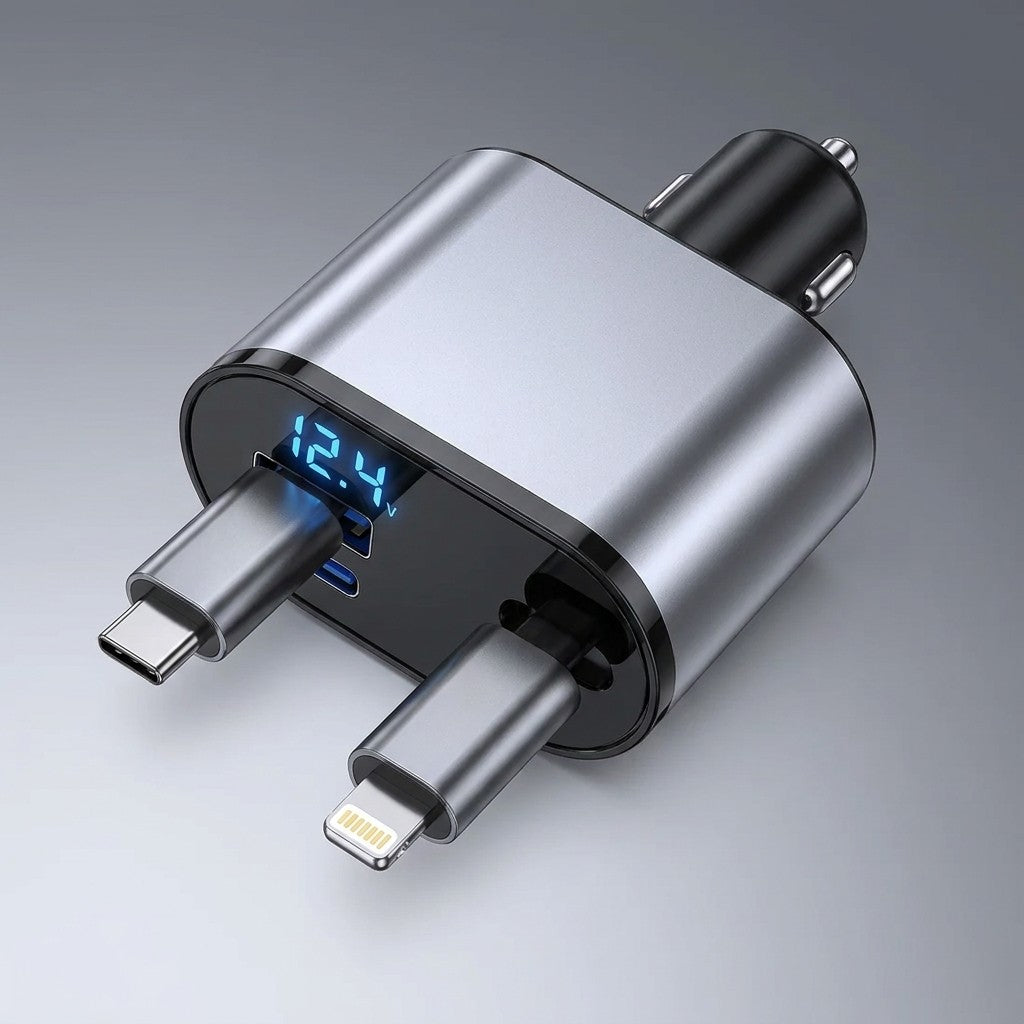 Vista superior del cargador de carro 4 en 1 con puertos USB-C, USB y display digital 12.4V