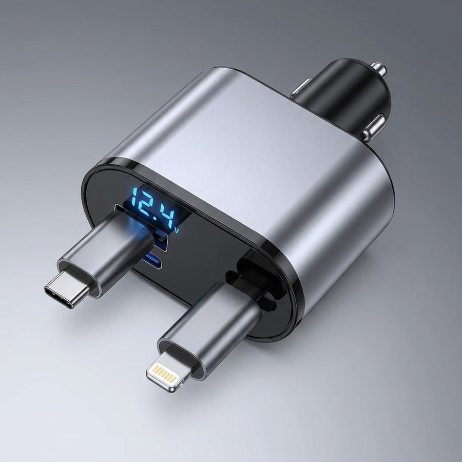Vista superior del cargador de carro 4 en 1 con puertos USB-C, USB y display digital 12.4V
