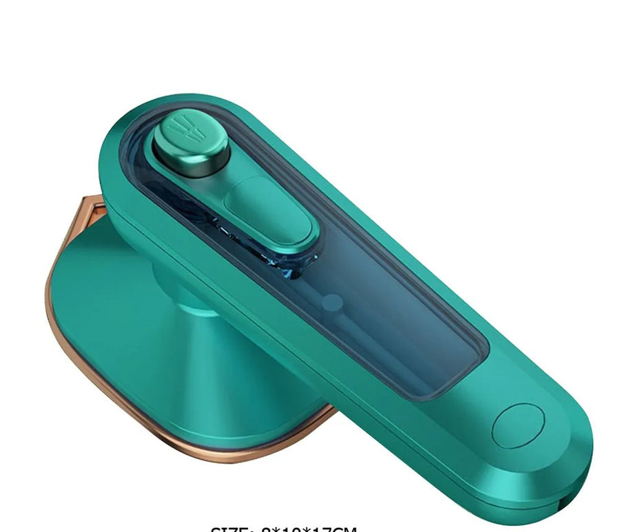 Mini plancha de vapor portátil color verde teal con placa dorada