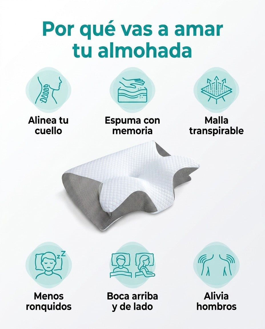 Beneficios de la almohada cervical ergonómica: alinea el cuello, espuma con memoria, malla transpirable, menos ronquidos