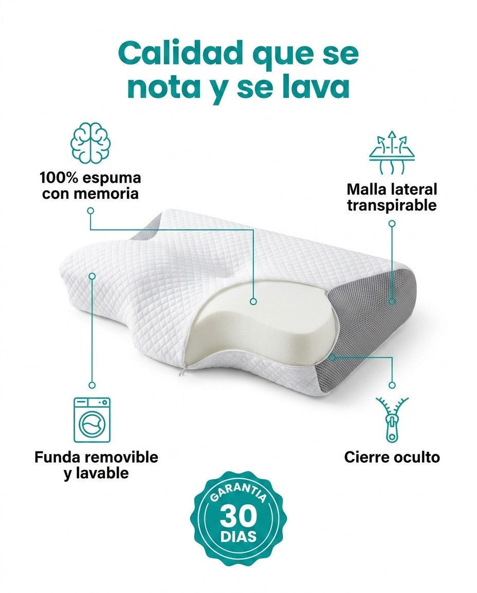 Materiales: 100% espuma con memoria, malla lateral transpirable, funda removible y lavable, garantía 30 días